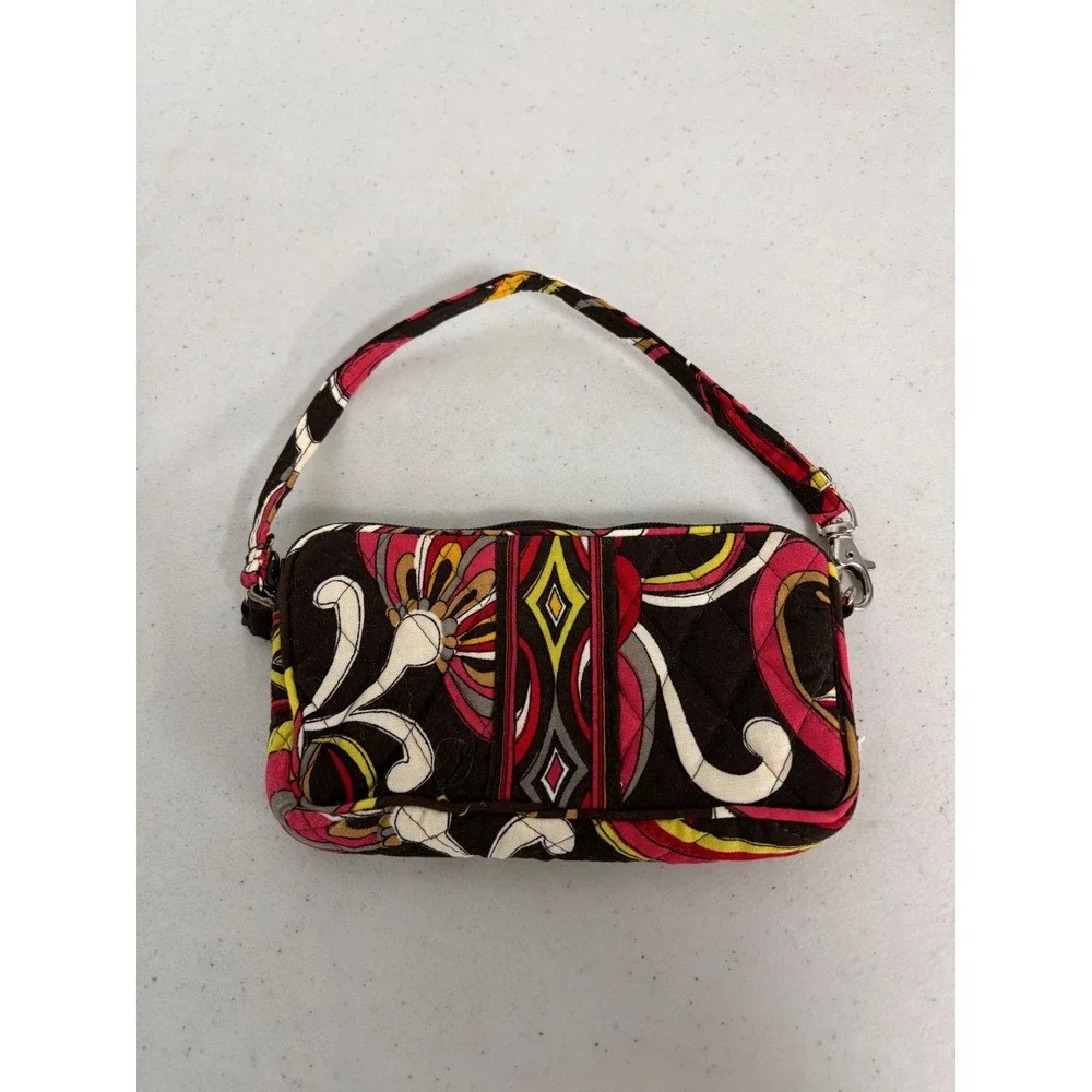 Vera Bradley Folkloric Quilted Cotton Wristlet Clutch Brown Red Floral‎ Bag